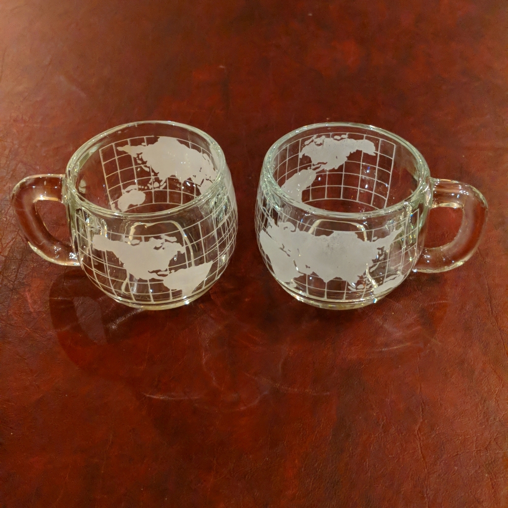 Vintage Nestle Nescafe World Map coffee cups. Heavy glass. Set of 2